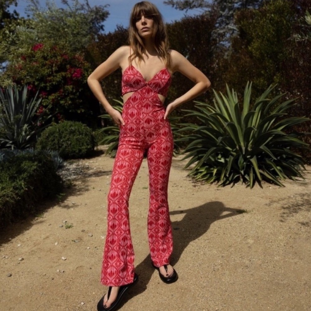 Zara Geometric Jacquard Cut Out Jumpsuit Flare Leg Red Pink Sz S Festival Retro